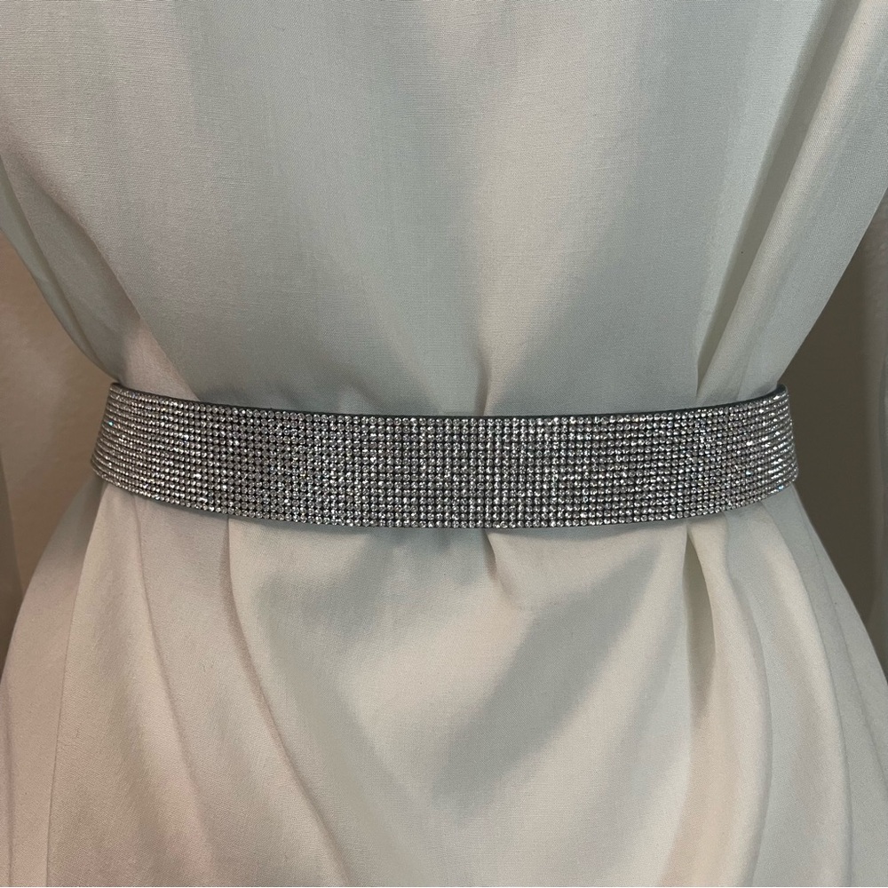 Silver tone double buckle skinny belt with rhinestones details - Picture 4 of 9